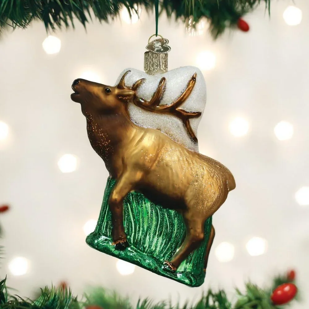 Glass Blown Elk Hand Painted and Glittered Ornament Christmas Decoration